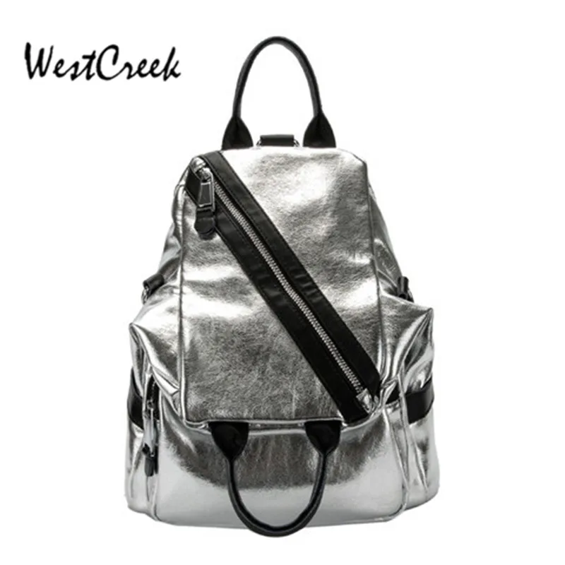 

WESTCREEK Brand luxury Genuine Leather Women Backpack Purse Travel Backpack Silver School Bags High Quality Bookbag