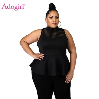 

Adogirl XL-5XL Plus Size Stripe Sheer Lace Patchwork Ruffle Blouse Mock Neck Sleeveless Women Casual Fashion Tops Shirts