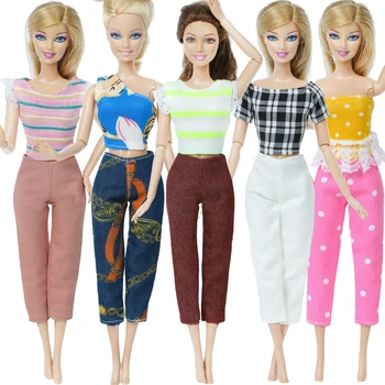 

Handmade 5 Pcs/Lot Colourful Outfits Casual Wear Mixed Style Blouse Pants Trousers Clothes For Barbie Doll Accessories Girls Toy