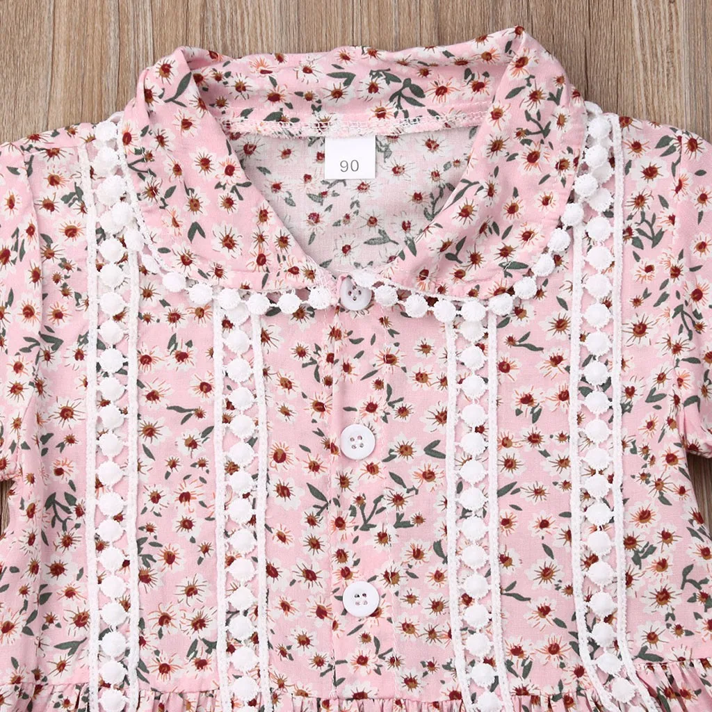 Baby Kids Girls Summer Short Sleeve Floral Printed Tassel Princess Dance Dress