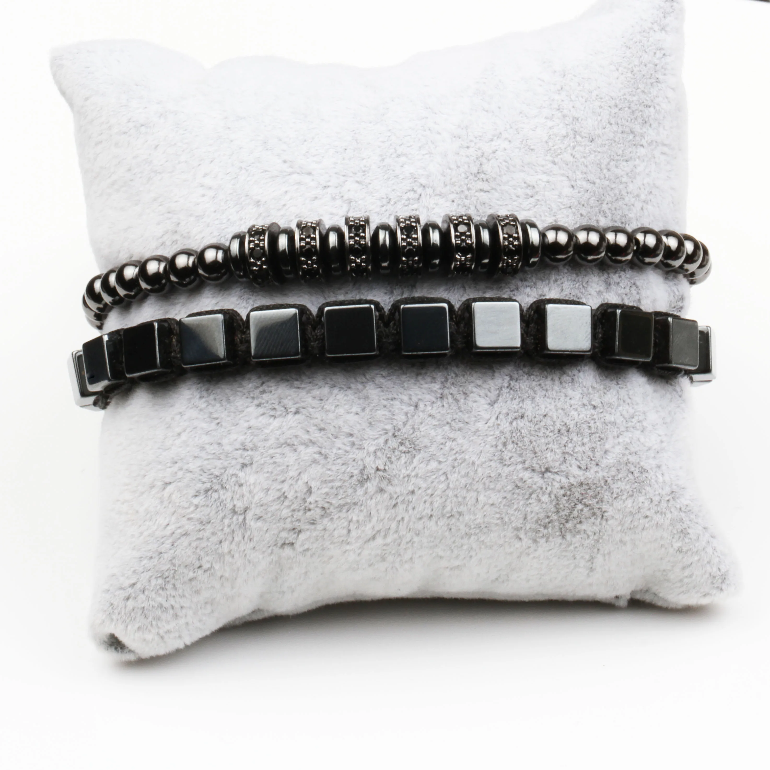 2Pcs New Classic Men Women Set Bracelet Fashion Square Hematite Wave Bangle And Micro Setting Accessories For Top Grade Jewelry