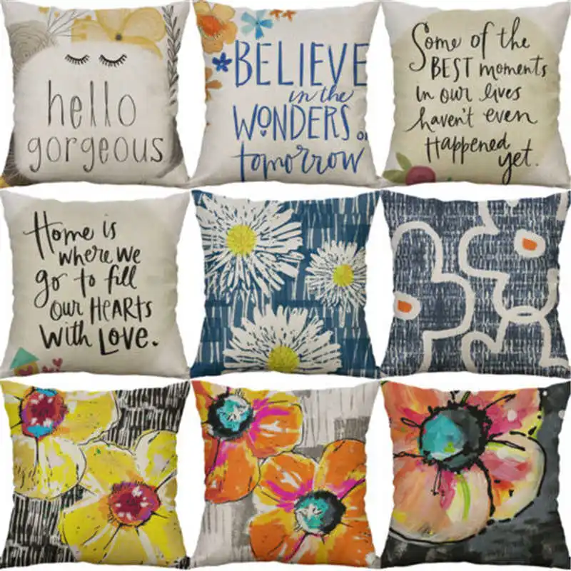 

Watercolor Flowers Letter Pillow Case Cotton Linen Cushion Cover 18" Printing Home Living Room Chair Sofa Decor