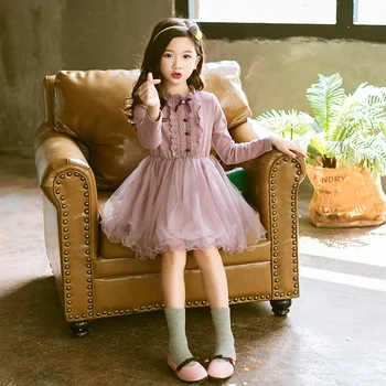 

Girl Princess Dress Fashion Casual Round Collar Long Sleeve Flower Decorated Tulle Kids Party Dress