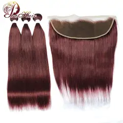 99J Бургундия прямые волосы пучки с фронтальной предварительно цветной перуанские человеческие волосы пучки с закрытием Детские волосы