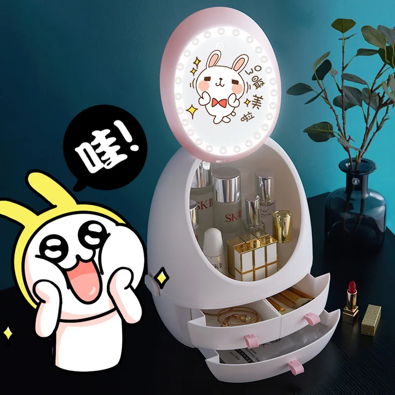 

Net red led mirror storage box Desktop mirror with light dust cover large capacity cosmetic storage box capsule makeup tools