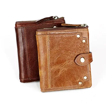 

YICHENG RFID luxury Vintage brush Short Genuine Leather wallet men's zipper retro short wallet crazy horse Solid purse