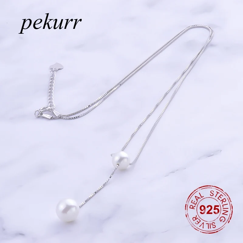 Женская цепочка с двумя круглыми жемчужинами Pekurr из серебра 925 пробы