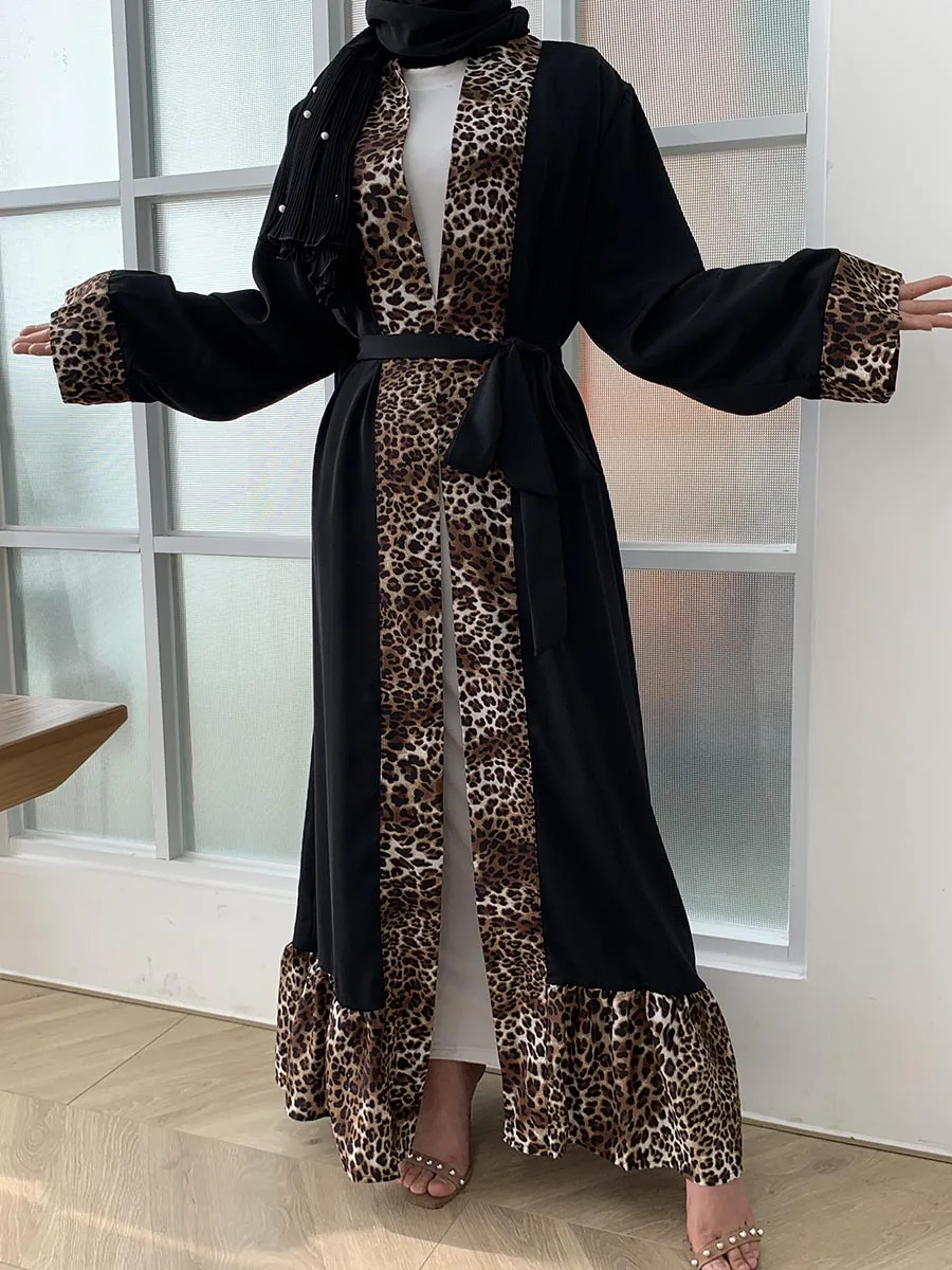 1819#Woman Robe Front Open Kimono Cardigan Leopard Print Dubai Abaya - CHAOMENG MUSLIM SHOP