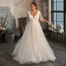 Deep V-Neck Cap Sleeve Wedding Dresses for Ladies Soft Tulle Three Quater Pleat Bridal Gowns 2022 Sweep/Brush Train Button Hot