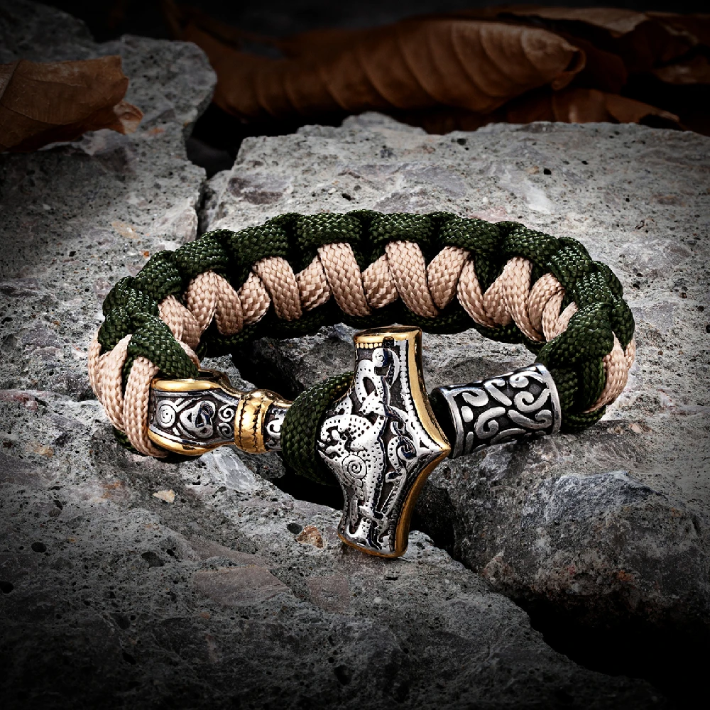 Handmade Vikings Thors Hammer Survival Bracelets Stainless Steel