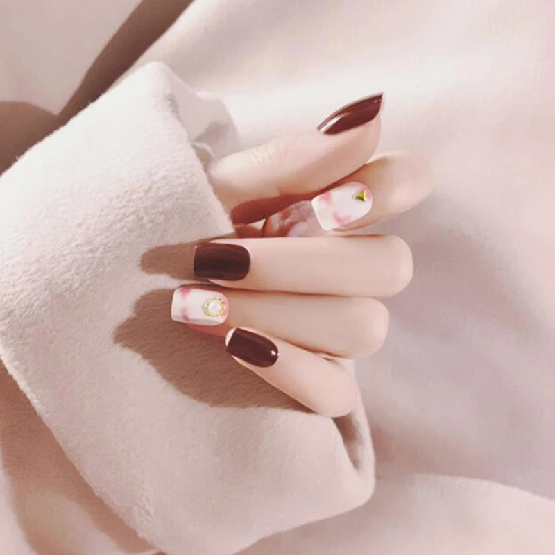 New 24pcs/set Wine Red Fake Nails Art Tips Acrylic Nail False Full Cover Manicure Decor Fashion Stylish Fake Nails