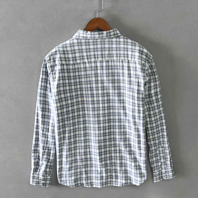 Cotton Shirt Men Spring Autumn Casual Plaid Long Sleeve Thick Retro Multi-pocket Workwear