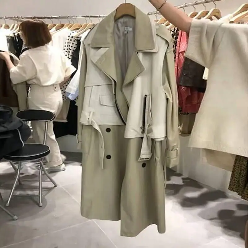 

Korean Style Oversized Trench Coat Women Leather Splice Wild Casual Windbreaker Fall Double-Breasted Long Outwear