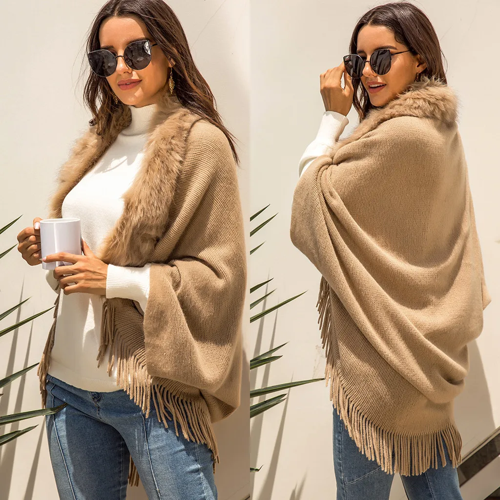 Fur Collar Fringed Cloak Shawl Knitted Sweater WinterFashion Batwing Sleeve Korean Women Loose Top WomenCardigan mujer |