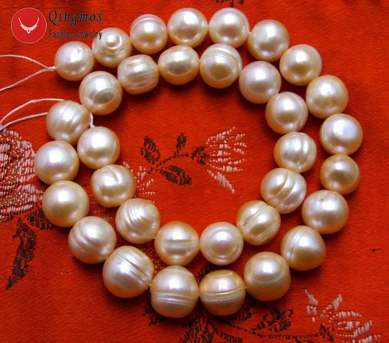 Qingmos 12-14mm Round Natural Freshwater Pink Pearl Loose Beads for Jewelry Making Necklace Bracelet Earring DIY Strands 14