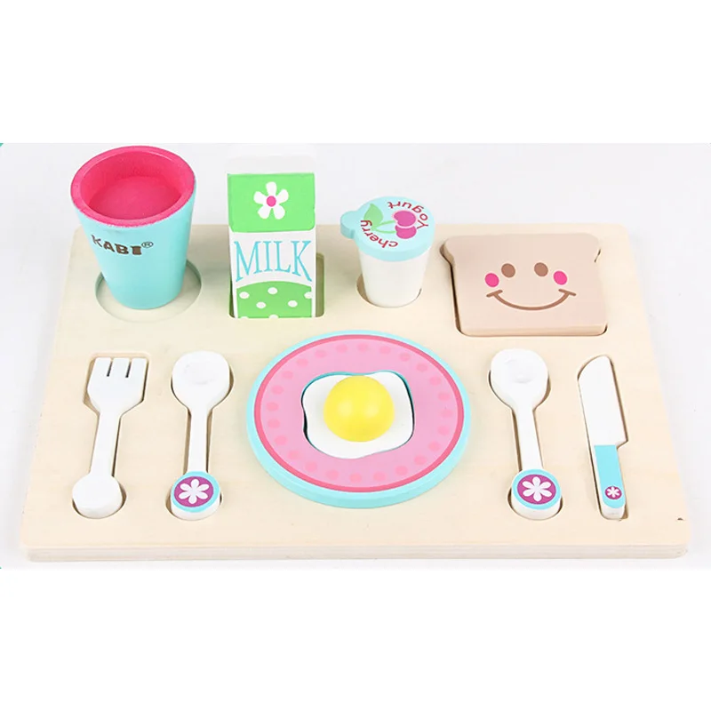 

Hot Wooden Pretend Toy Simulation Food Set Milk Tableware Toast Children play house kitchen toy wooden Gift D118