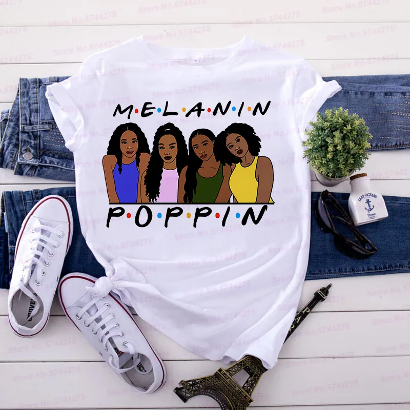 

Melanin Poppin Friends t shirt women Black Girl Magic T-shirt Afro Diva Colorful hair crown graphic Tees Princess sexy Eyes Tops