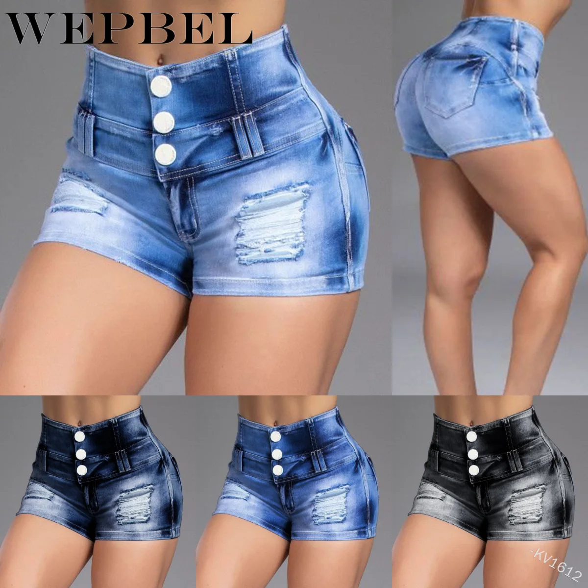 

WEPBEL Denim Shorts Casual High Waist Solid Color Button Skinny Shorts Summer Casual Bleached Ripped Denim Pencil Shorts