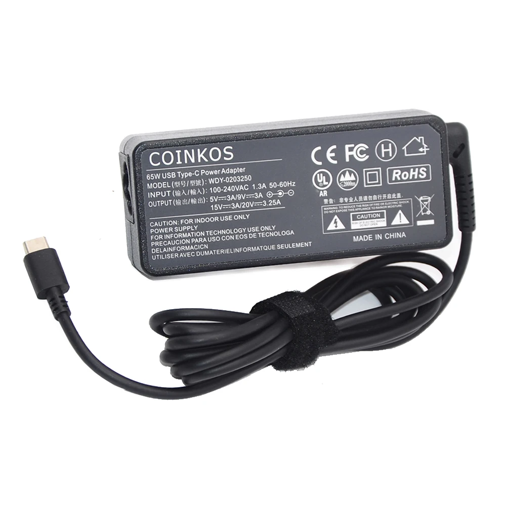 

COINKOS 65W USB-C Type C Laptop Charger 20V 3.25A 5V 2A Power Adapter For Lenovo ThinkPad t470 t570 tp25 x270 X280 20KF 20KE