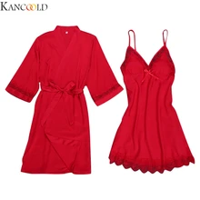 KANCOOLD женская ночная сорочка на бретельках с коротким рукавом и принтом, сексуальная сатиновая модная кружевная Лоскутная одежда для сна с длинным рукавом