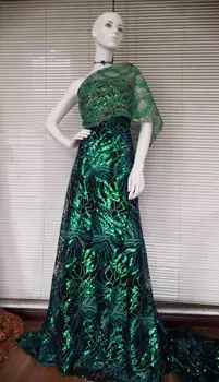 

(5yards/pc) 2020 newest African double organza lace fabric in deep green with gold sequins embroidery for party dress YYZ893