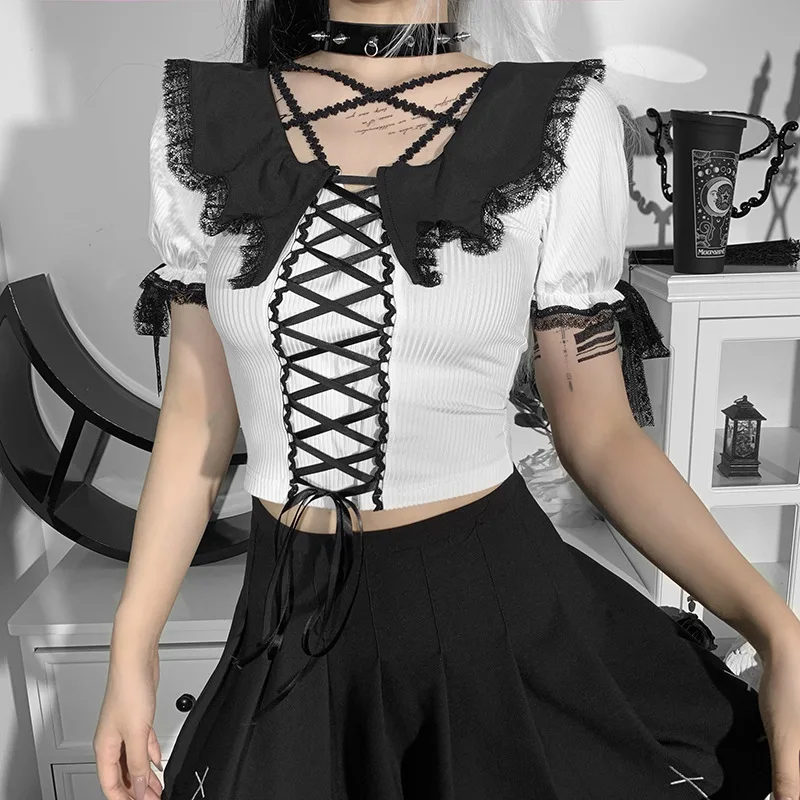 Футболка Egirl Dark Goth с коротким рукавом лоскутный Топ контрастной расцветки