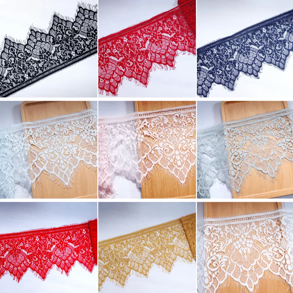 

3 Meters 18cm Wide Multi French chantilly lace Fabric embroidered lace trims with scallop eyelash edge on single side Dress Edge