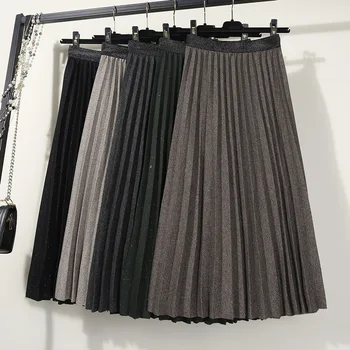 

Vintage Midi Pleated Skirt Women For Autumn Winter Fashion Korean Ladies High Waist A Line Grey Green Black Long Skirt Female