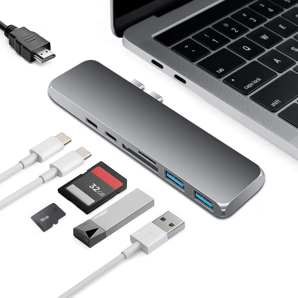 

USB-C Type C Hub Adapter 7 in 1 Dual USB Type C Dock for MacBook Pro with 4K HDMI USB C USB3.0 SD/Micro--SD Card Reader gray