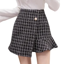 Женские юбки с высокой талией, Хаундстут, неровная шерстяная юбка, Женская Осенняя зимняя Корейская твидовая юбка с оборками, Jupe Femme Faldas