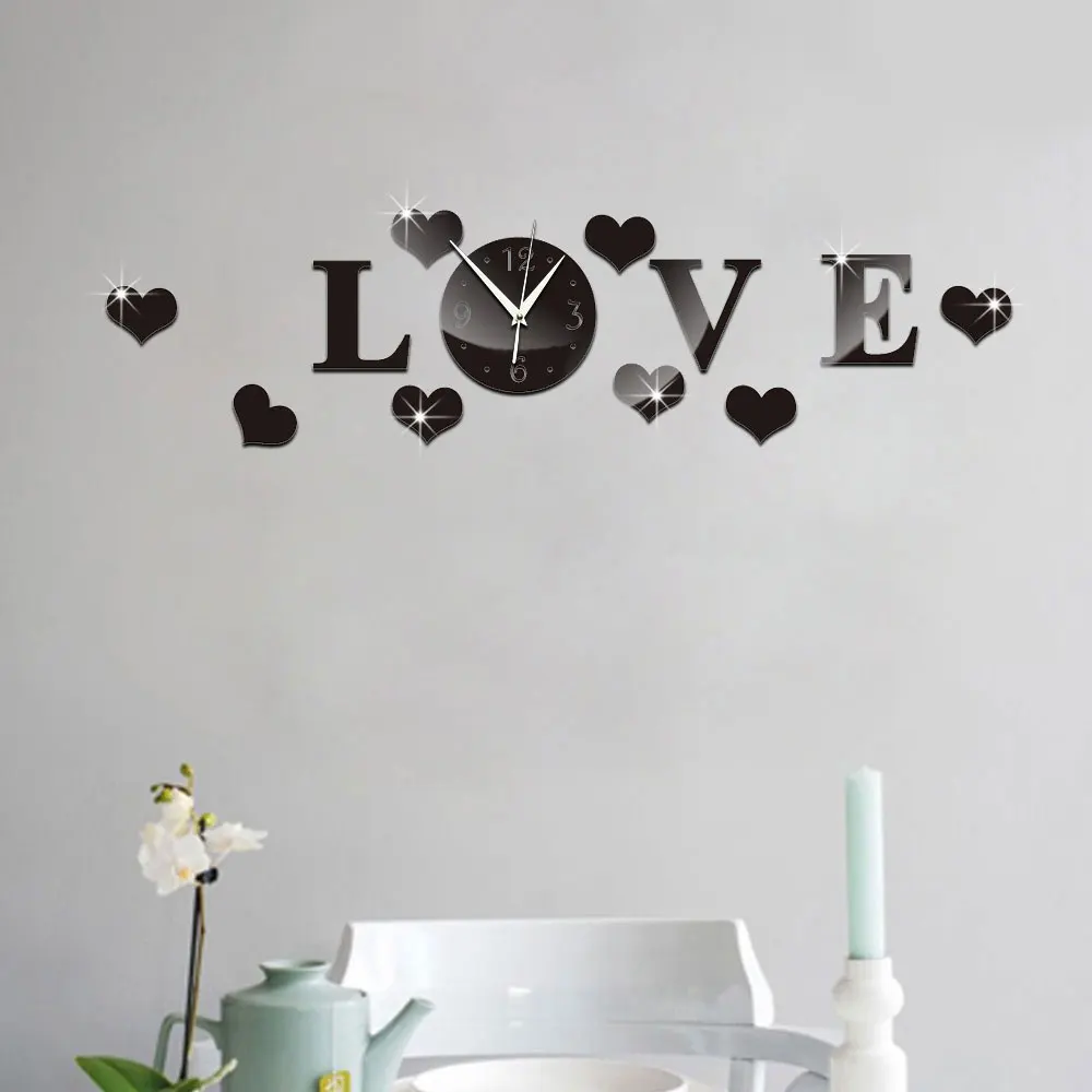 Creative Plastic 3D Mirror Effect Stickers Wall Clock LOVE Decals Decoration