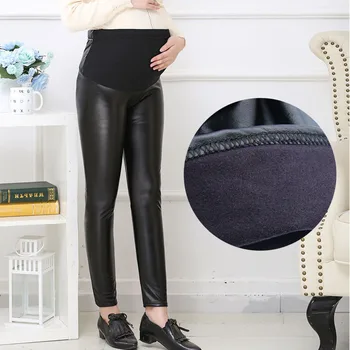 

Autumn Winter PU Leather Pregnant Women's Leggings Adjustable High Waist Warm Pants Plus Thin Velvet Plus Size Pregnancy Clothes