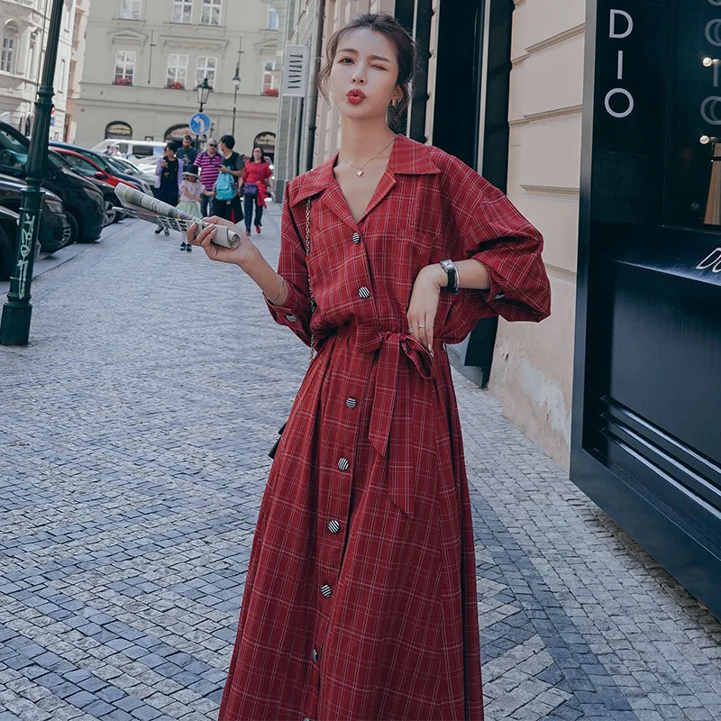 

Photo Shoot Plaid Trench Coat Dress Women's Exta-long to Ankle 2019 Spring And Autumn New Style Retro Elegant Waist Hugging Long