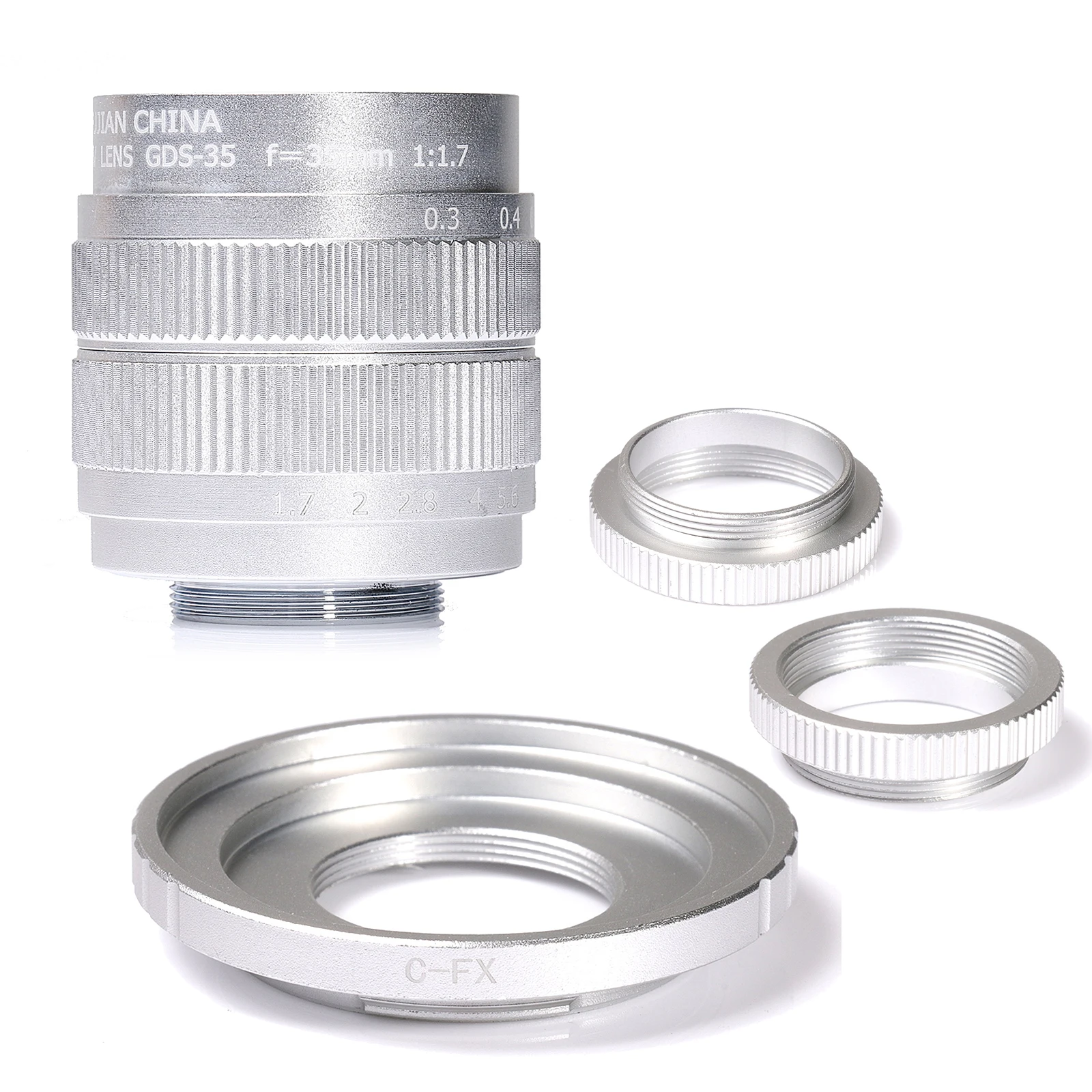 Silver Fujian 35mm F/1.7 Apsc Cctv Lens+adapter Ring+2 Macro Ring For