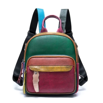 

Genuine Leather Rucksack Female Daypack Shoulder Bag Panelled Travel Bag Bohemian Cowhide Girls Knapsack Women Small Backpack