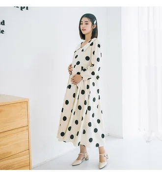 

Maternity wear autumn clothes new fashion small fresh lapel wave printed dots point loose large size pregnant long-sleeve dress