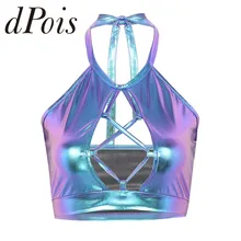 Женская пляжная одежда с эффектом Wetlook, металлический топ с бретелькой через шею, открытая передняя часть, открытая спина, майка на бретельках, Пляжная блуза вечерние, Клубная одежда