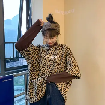 

Cute Bts Plus size Brown Sweatshirts Women Leopard fake 2 pcs Ladies Long Sleeve Casual Hooded Pullover Clothes Sweatshirt xxl