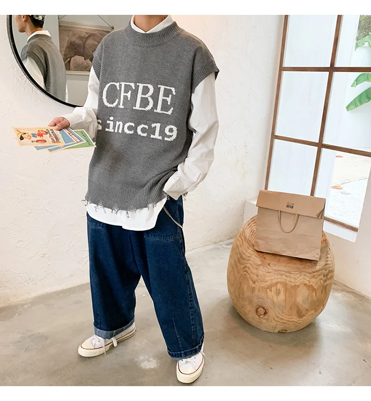 Winter Ins Sleeveless Sweater Vest Male Chic Korean Trend Vest Jacket Students Loose Knitted Letter Embroidery Male Sweater