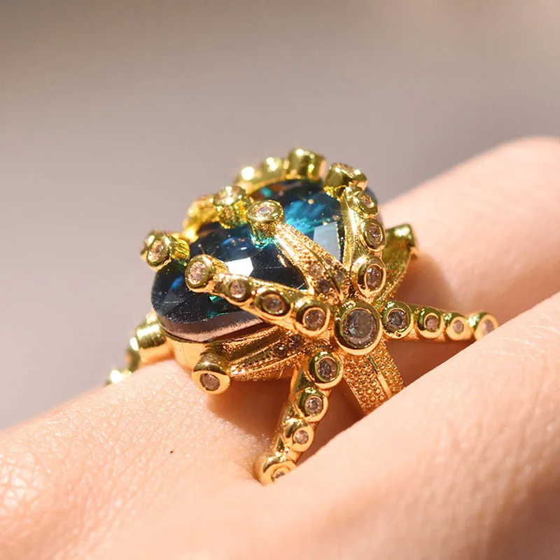 Vintage Dark Blue Zircon Frog Crystal Rings for Women Boho Animal Sea Star Engagement Ring Fashion Gothic Accessories O4M374