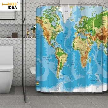 

HUGSIDEA Map of The World Shower Curtain Bathroom Decoration Hanging Fabric Ocean Nautical Geography Bathtub Waterproof Curtain