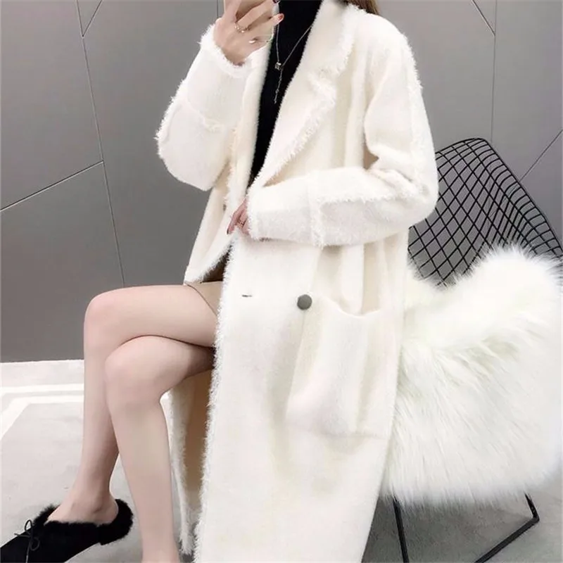 spring and autumn imitation water velvet thick woolen coat female long section new loose over the knee coat - Цвет: Бежевый