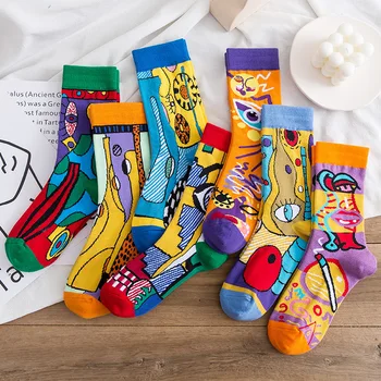 

Autumn Winter Personality Happy Socks Women Graffiti Abstract Painting Funny Cartoon Design Woman Harajuku Short Socks Female