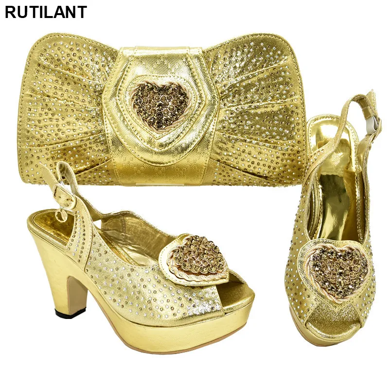 

New Fashion Bag and Shoe Gold Nigerian Women Party Pumps High Heels Italian Shoe and Bag Set for Party In Women Wedding Shoe