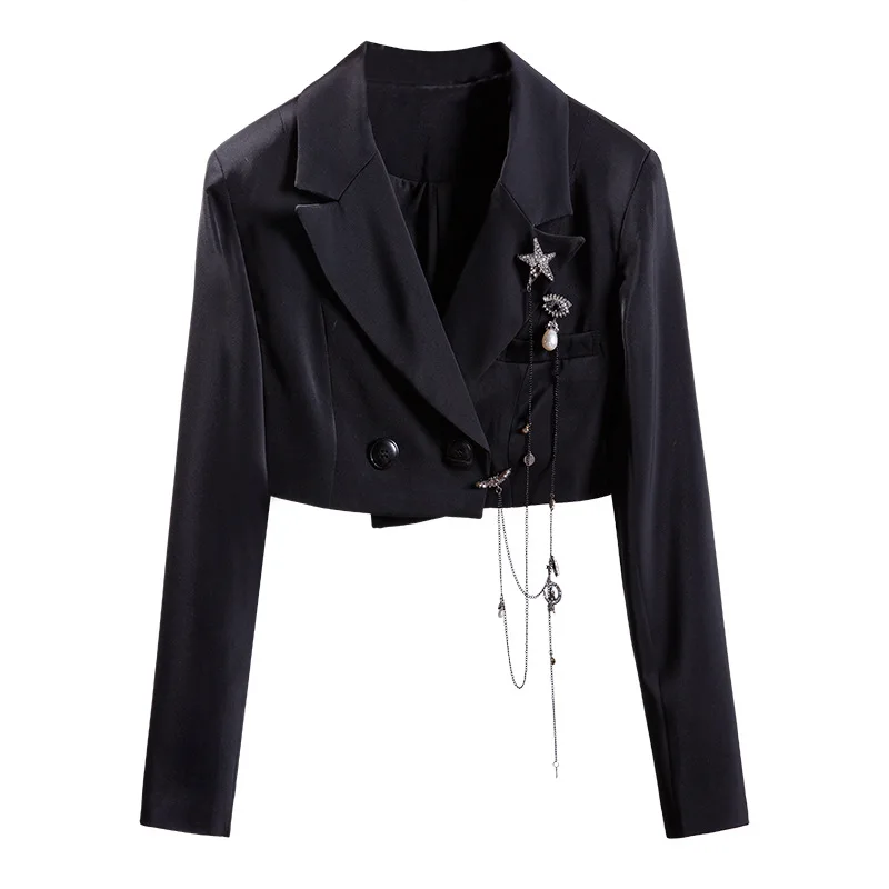 Новые персональные супер короткие блейзеры High Street украшение-брошь куртки Ранняя осень женская верхняя одежда пальто шикарная праздничная одежда - Цвет: Black