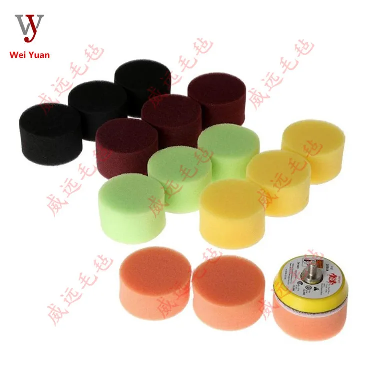 16 PCs Car Polishing Sponge Roundel Set 50 Flocked Flat Sponge Wheel Polishing Disc 2-Inch M6 Pneumatic Dorsal Disk