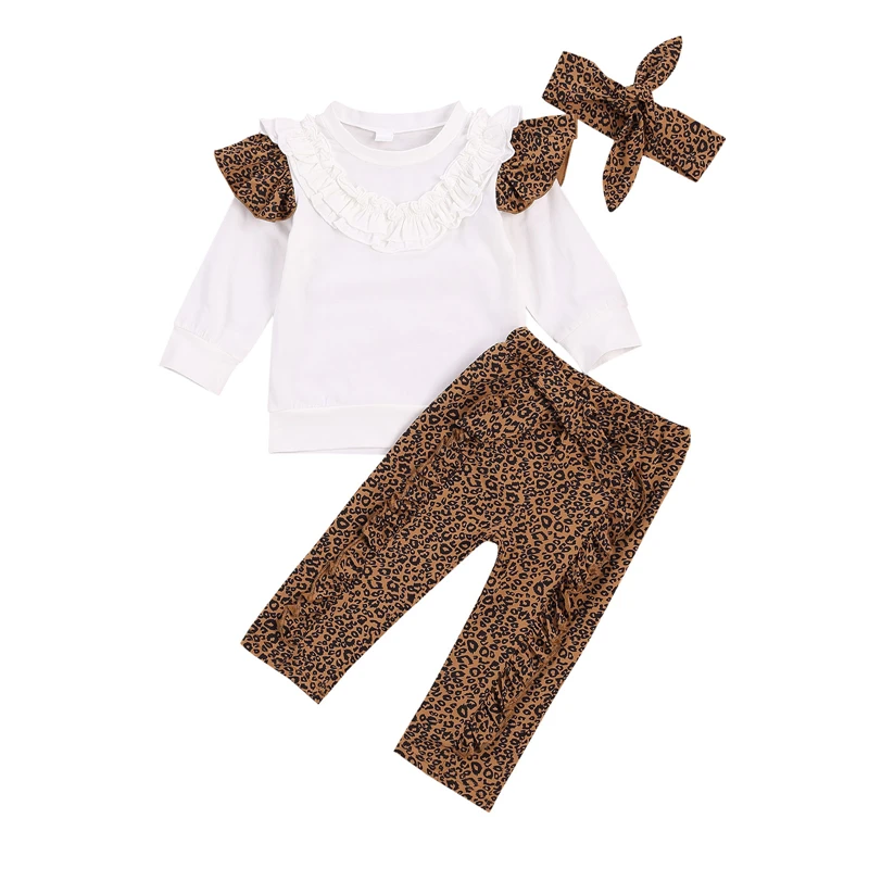 

BY Girls Three Piece Set Baby Crew Neck Lace Long Sleeve Top Leopard Ruffle Trousers Toddlers Bow Hair Band Girls Clothing Set