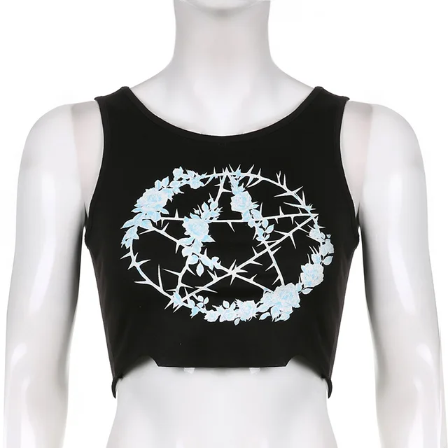 Goth Dark Gothic Knitted Punk Black Tank Tops Mall Goth Grunge Goat Print Harajuku Women Crop Tops Skinny Sleeveless Streetwear black