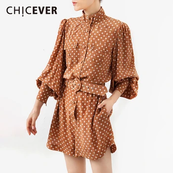 

CHICEVER Polka Dot Jumpsuit For Women Stand Collar Lantern Long Sleeve High Waist Sashes Female Jumpsuits 2020 Fashion Autumn