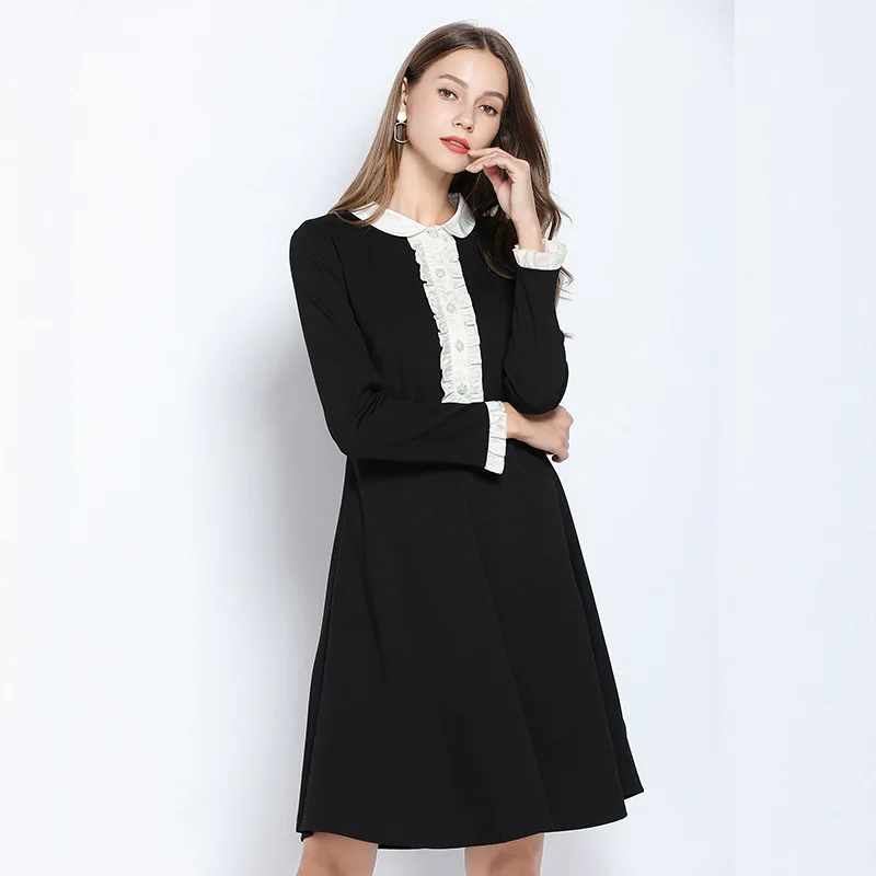 

2019 Fashion Elegant Cute Midi Dress Autumn Peter Pan collar ruffled Contrast Color cultivated A-line dress vestidos 5XL XXXXXL